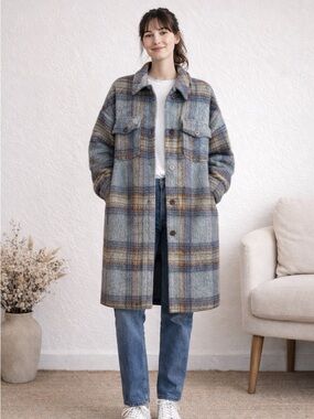 Zara Plaid Wool-Blend Coat shacket longer oversized pockets size medium